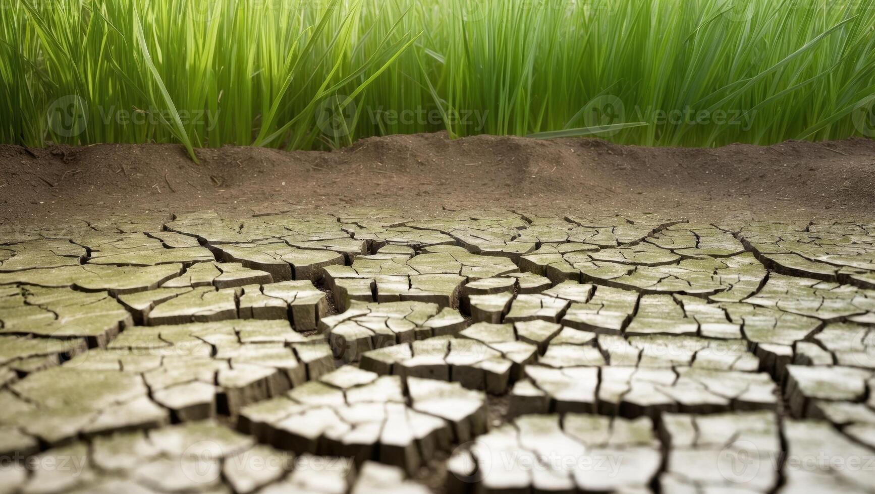 A cracked earth with grass growing in the background photo