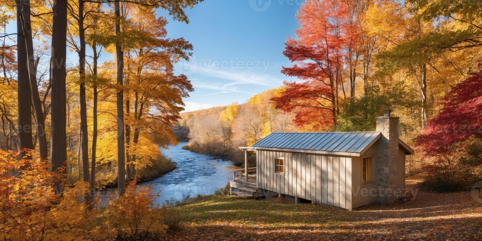 A cabin sits on the side of a river in the fall photo