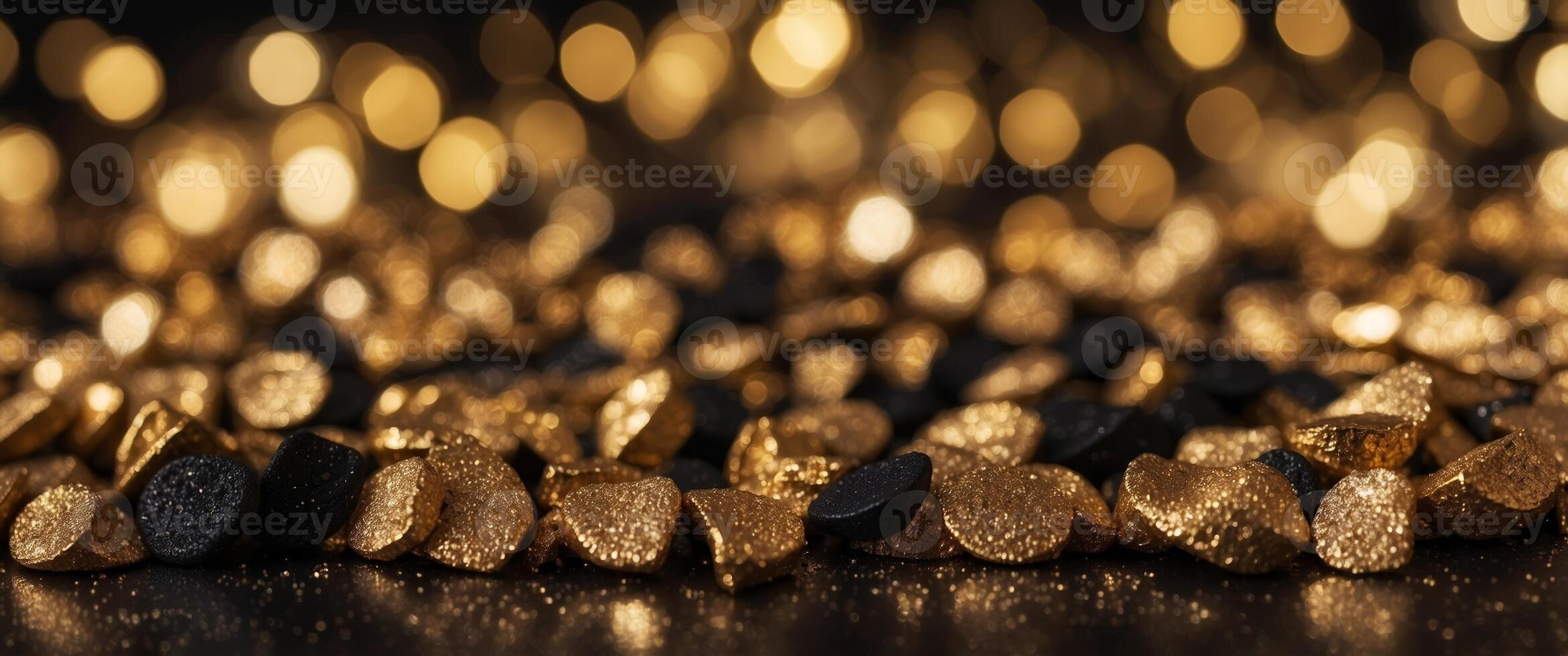 Gold coins on a black background with bokeh photo