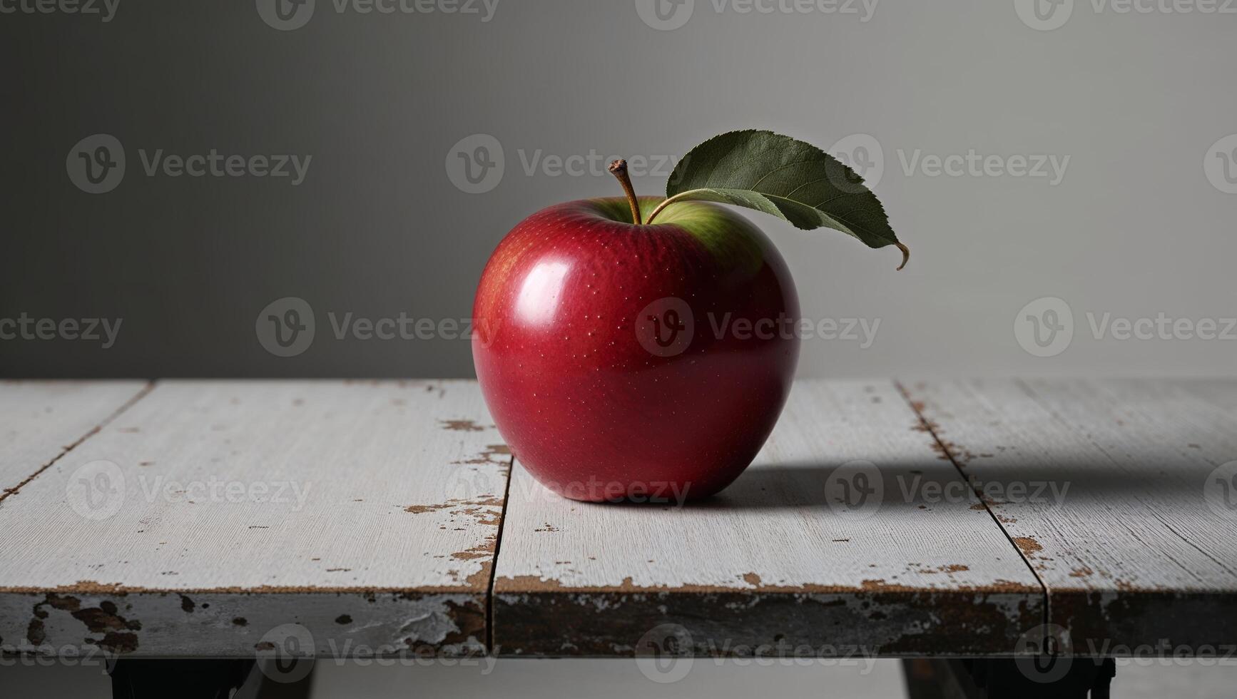 A red apple on a wooden table photo