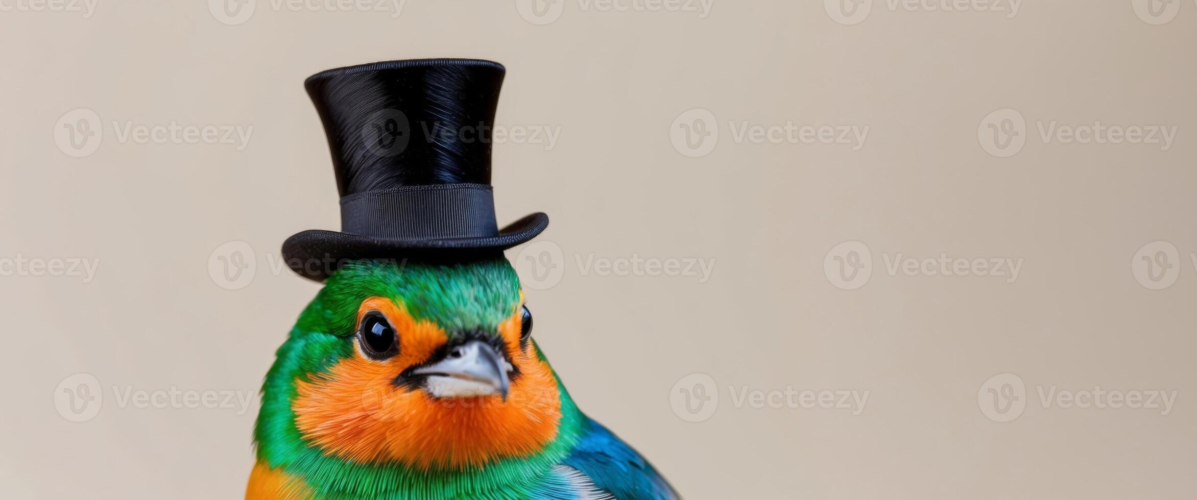 A colorful bird wearing a top hat on its head. photo