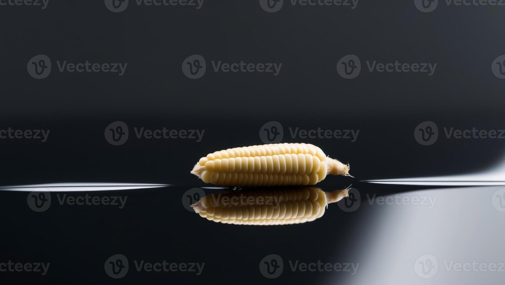 A corn kernel on a dark background reflects in water. photo
