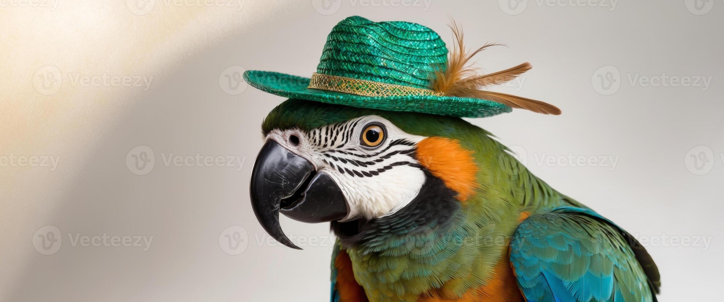 A colorful bird with a green hat on its head. photo