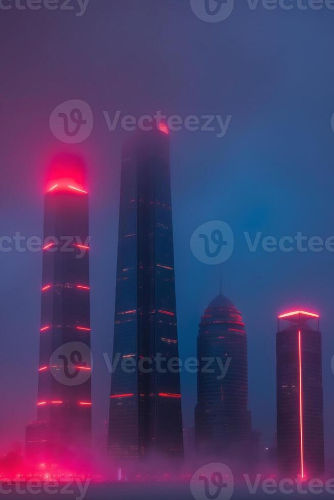 A Futuristic Cityscape with Glowing Red Lights and Fog. photo
