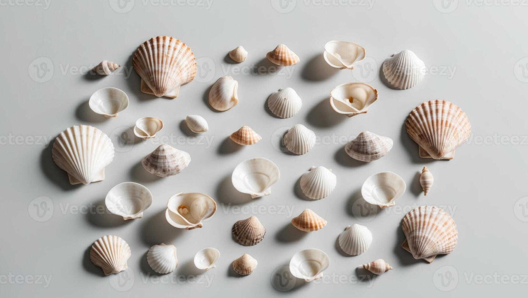 A flat lay of sea shells on a gray background with a copy space and a summer theme. photo