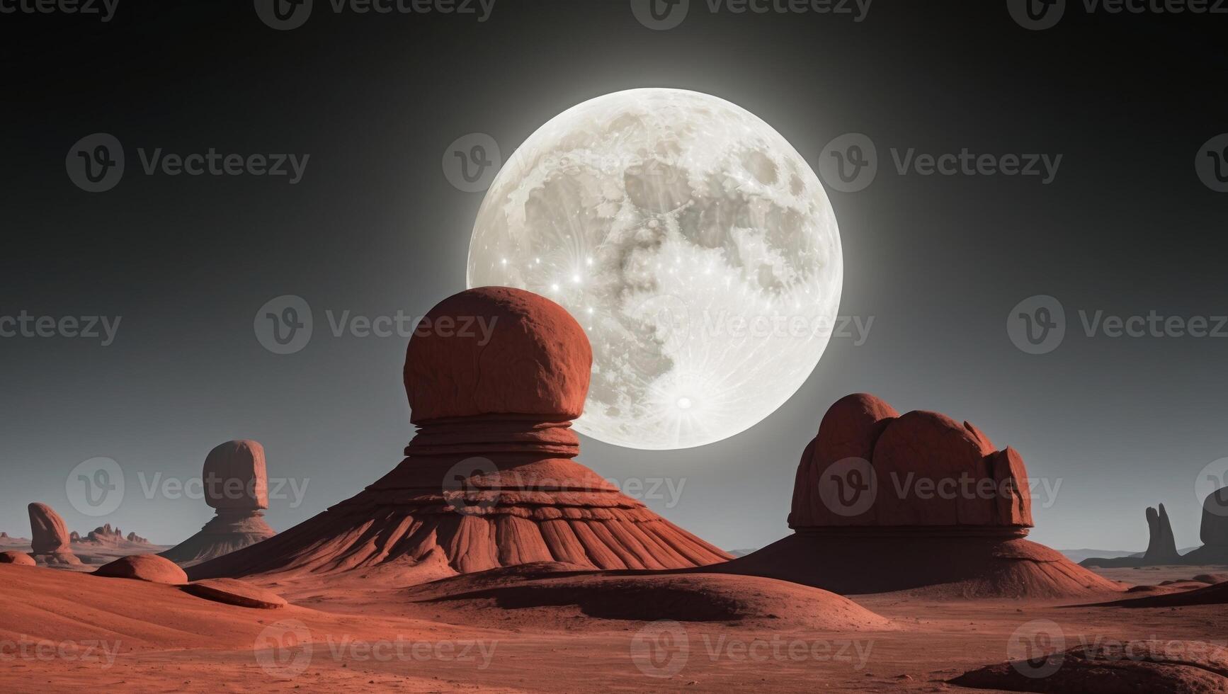 A desolate alien landscape with tall rock formations under a full moon. photo