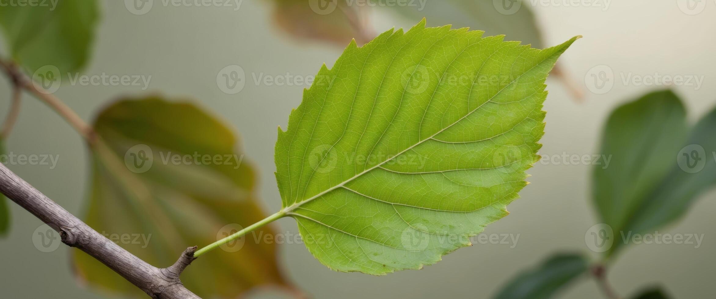A green leaf on a tree with a blurry background of leaves in the foreground. photo