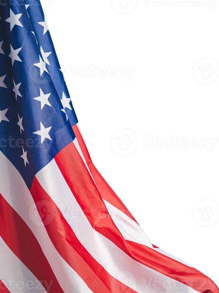 Close-up of the American flag is on the left side on a white background photo