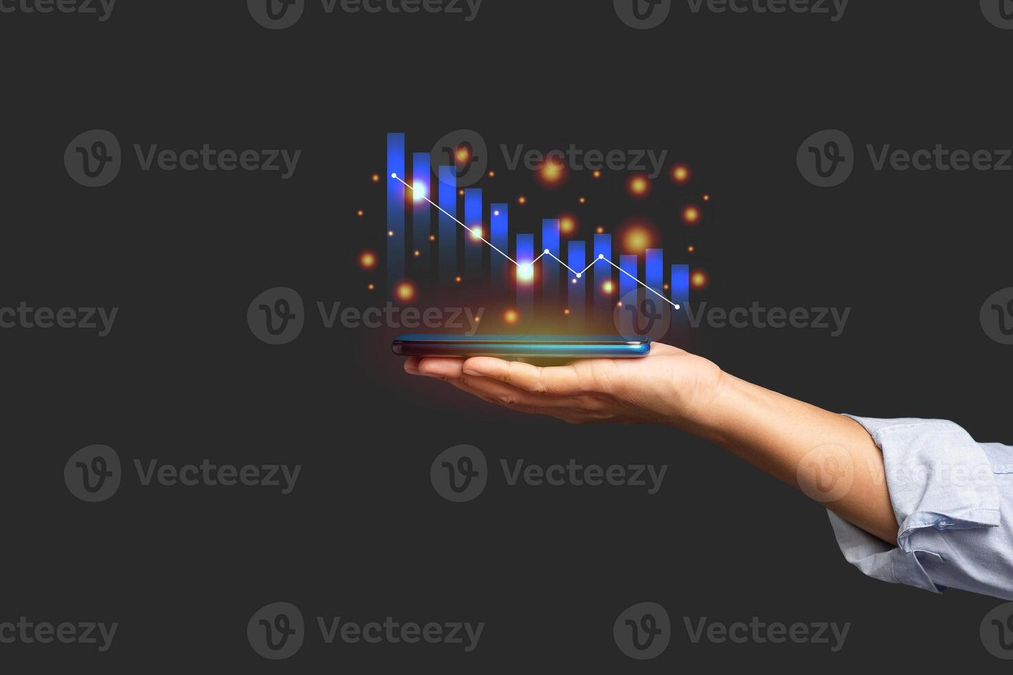 Digital increasing bar business graph growth on the palm with a black background photo