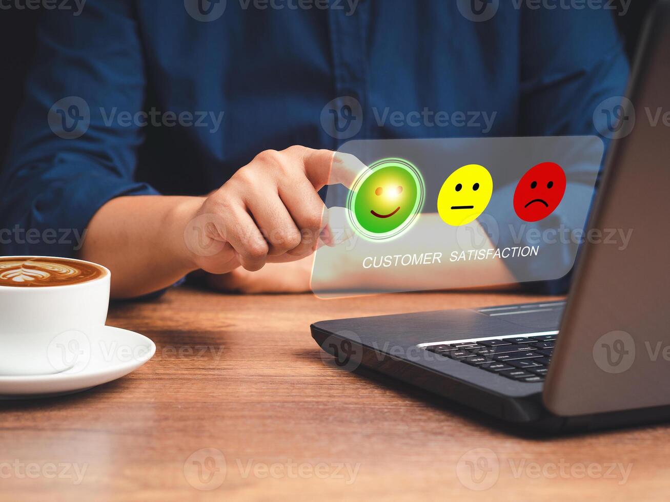Positive feedback concept. Choosing a green happy mood icon rating review in the survey, poll, or customer satisfaction research on a virtual screen photo