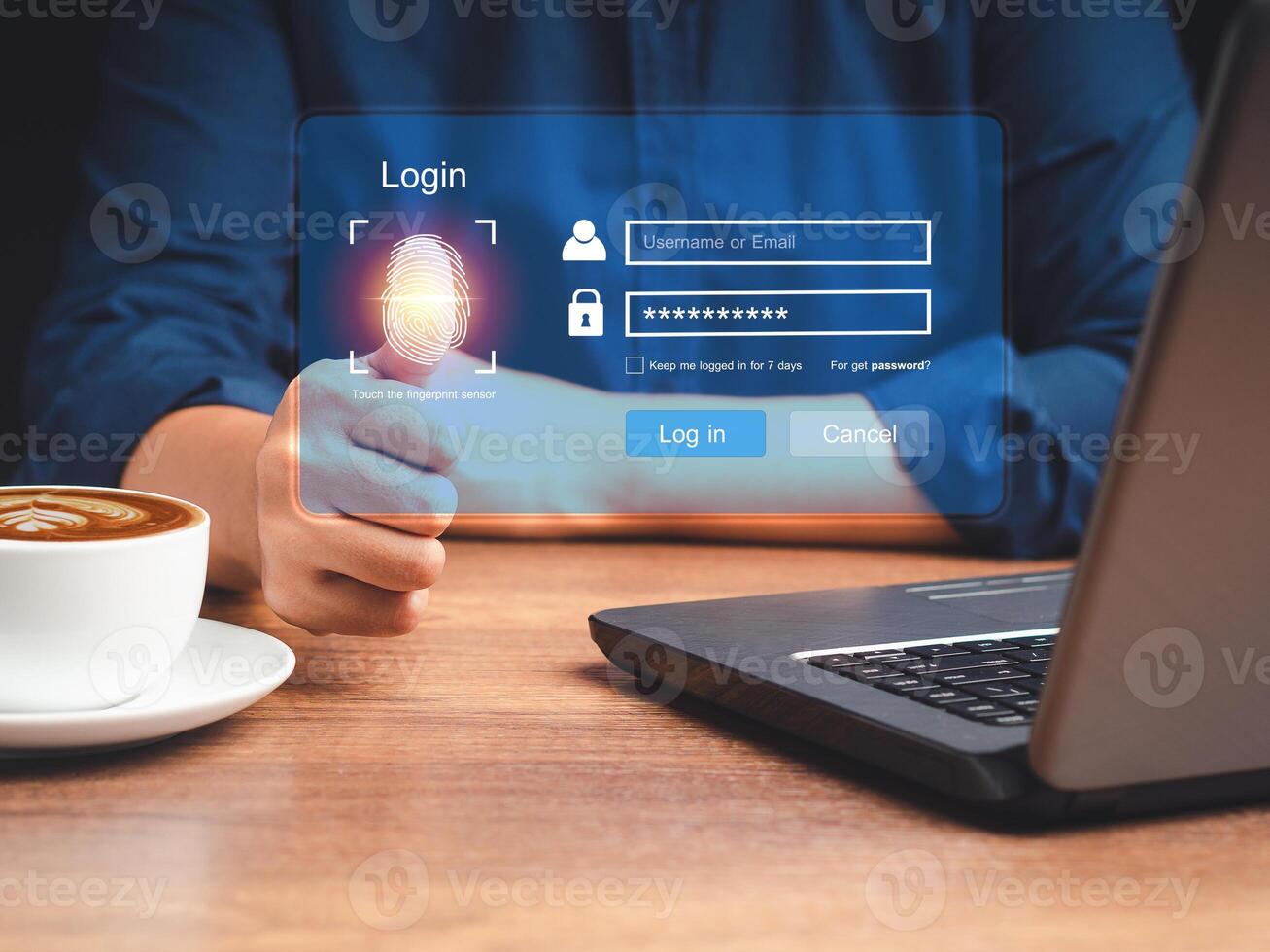 Technology fingerprint scan provides security. Cloud computing system photo