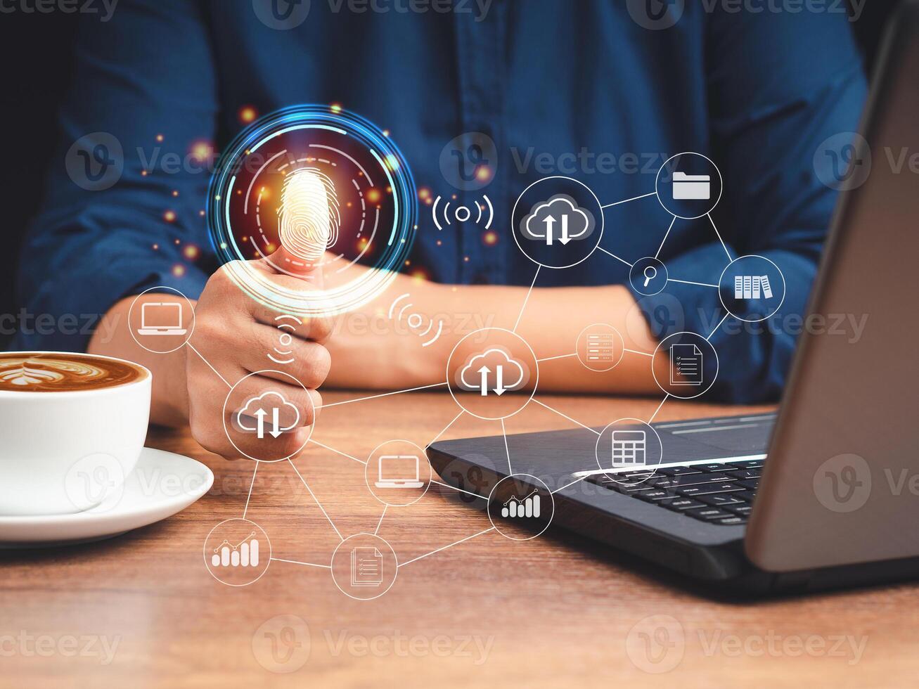 A Businessman scan fingerprint biometric identity to access personal data photo