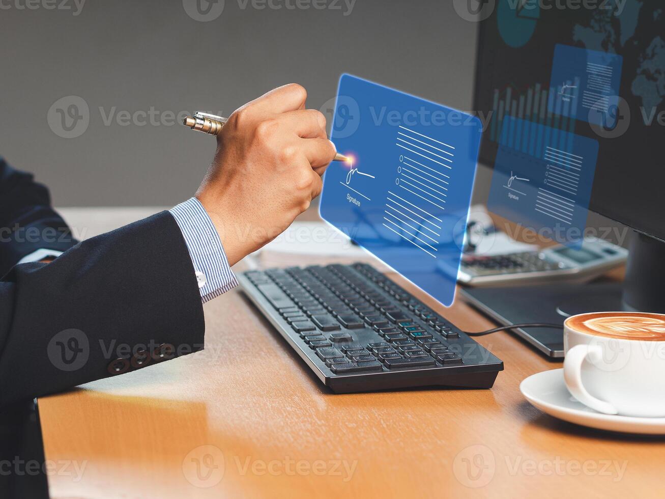 Electronic signature. A businessman uses a pen to sign electronic documents on digital documents on a virtual screen photo