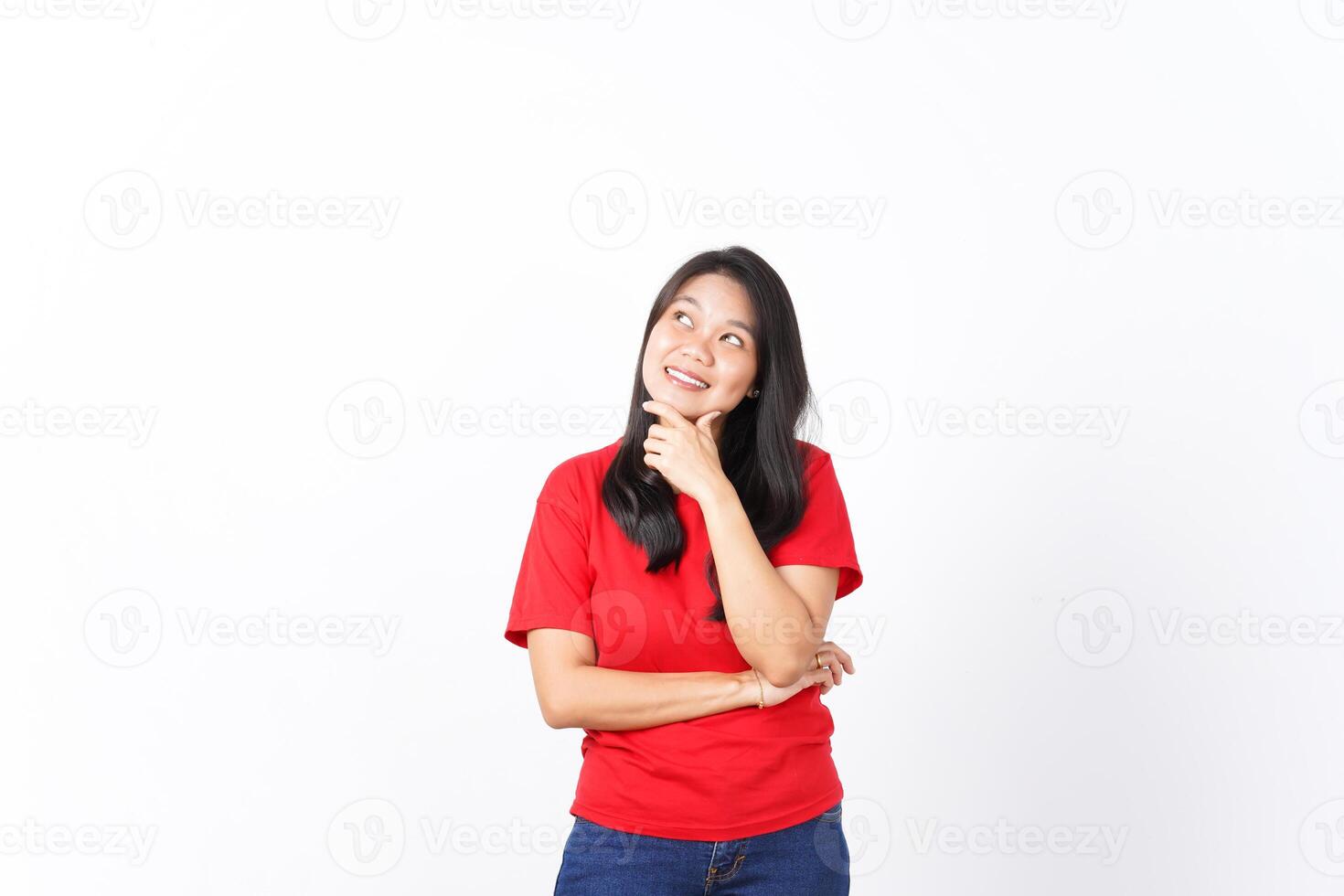 Looking up hand on chin and doing thinking gesture Of Beautiful Asian Woman Wearing red shirt Isolated On White Background photo
