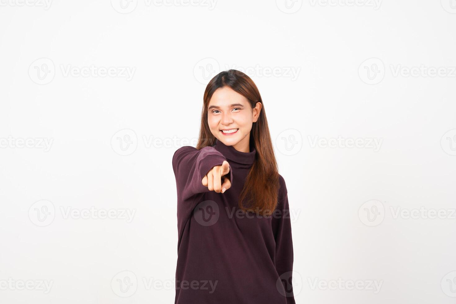 Smiling pointing at you or camera, i want you gesture Of Beautiful Asian Woman Isolated On White Background photo