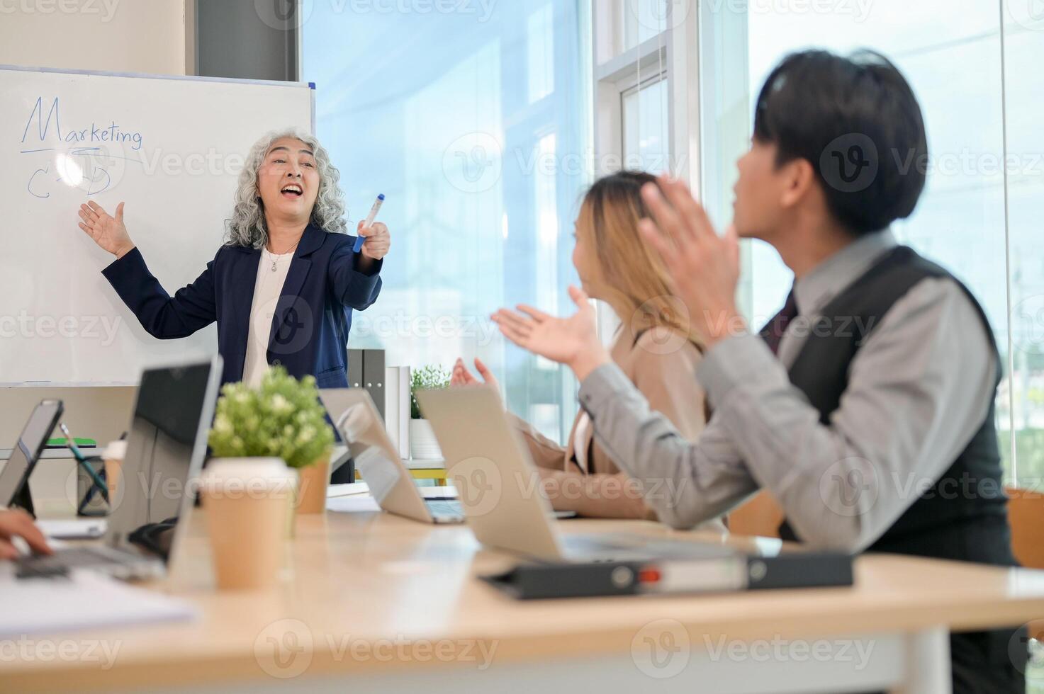 A professional Asian senior female CEO confidently explaining a marketing strategy to her team. photo