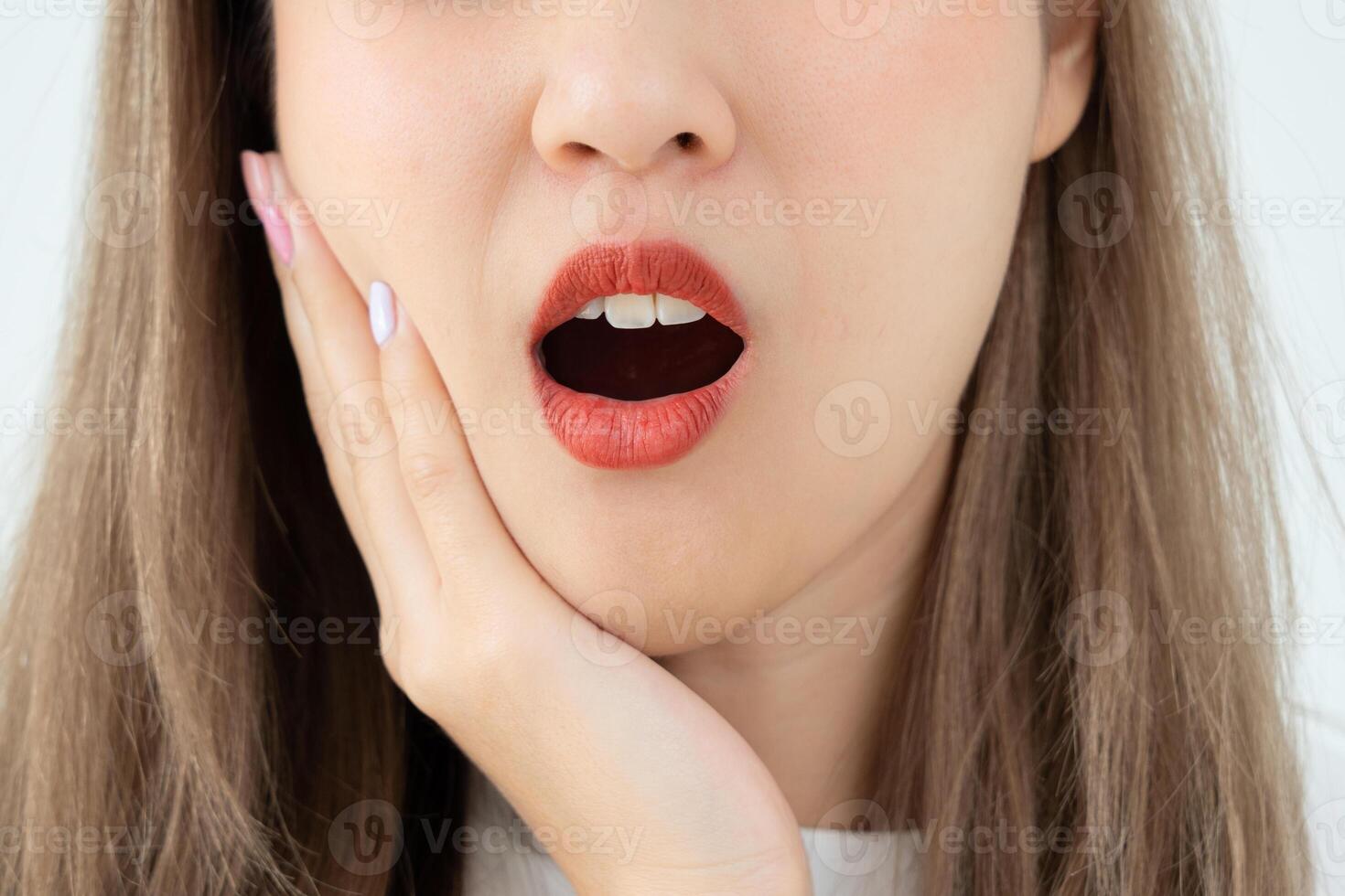 Asian woman feel toothache from gingivitis, female suffer tooth, decay problems, dental care. sensitive tooth, decay problem, bad breath, Gingival Recession, Oral Hygiene instruction, tooth extraction photo