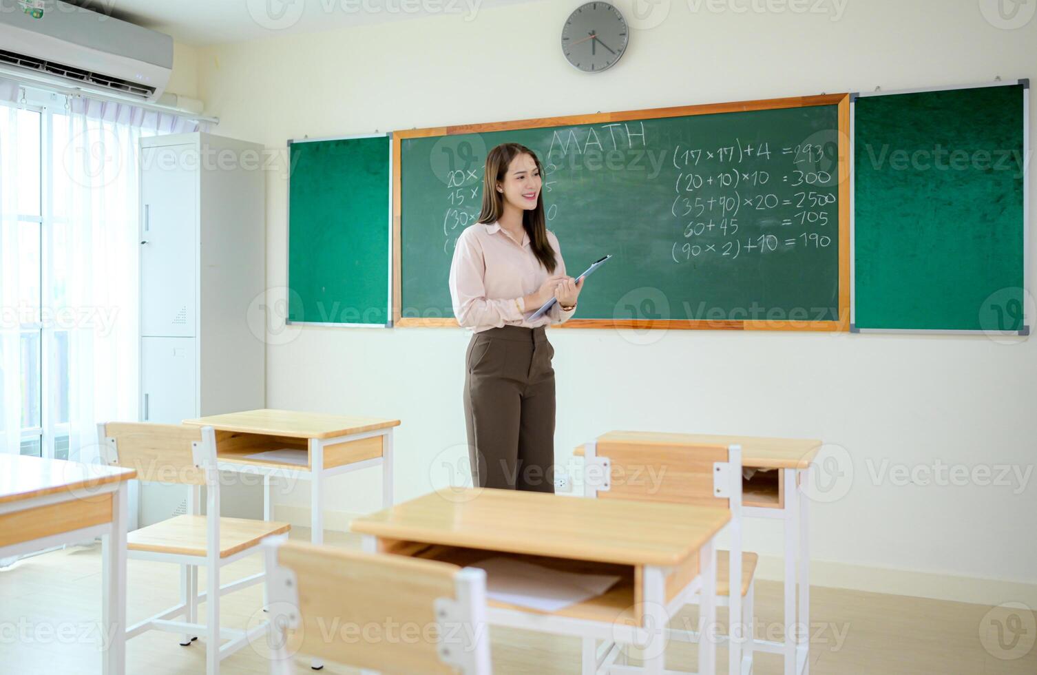 STEM lesson, Teacher and students in mathematics classroom photo