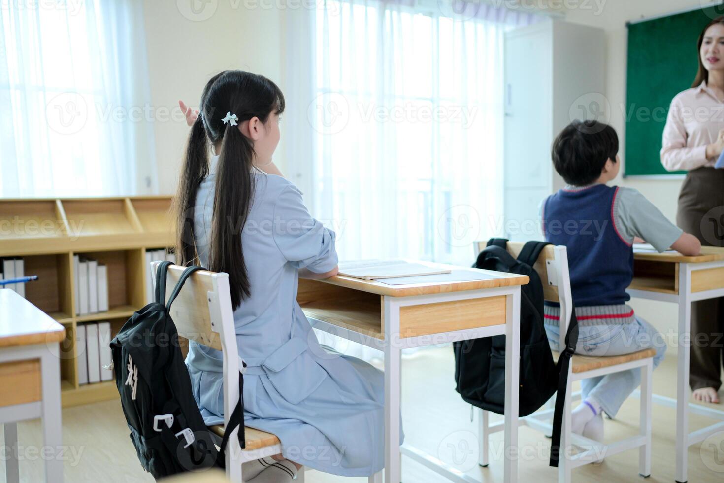 STEM lesson, Teacher and students in mathematics classroom photo