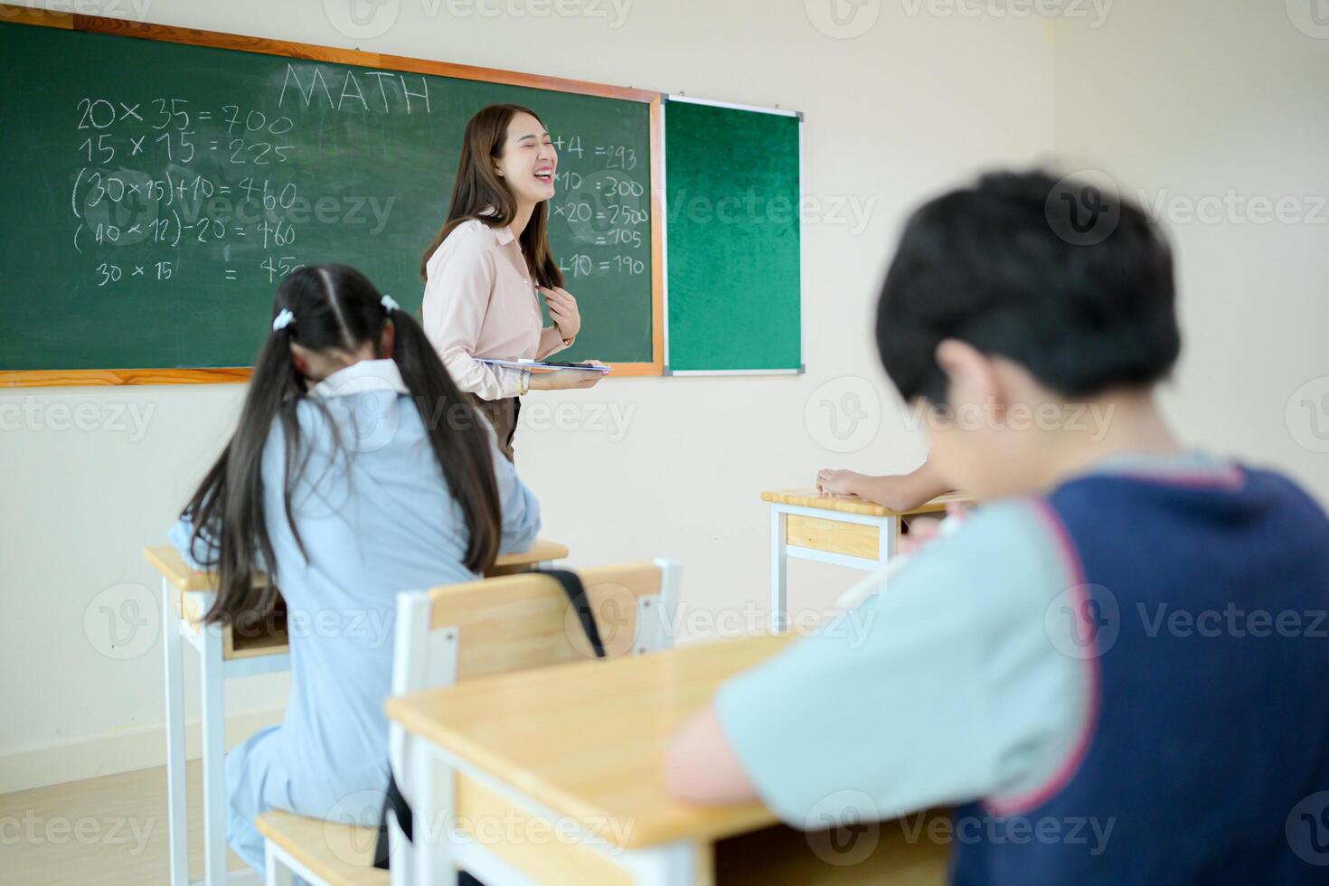 STEM lesson, Teacher and students in mathematics classroom photo