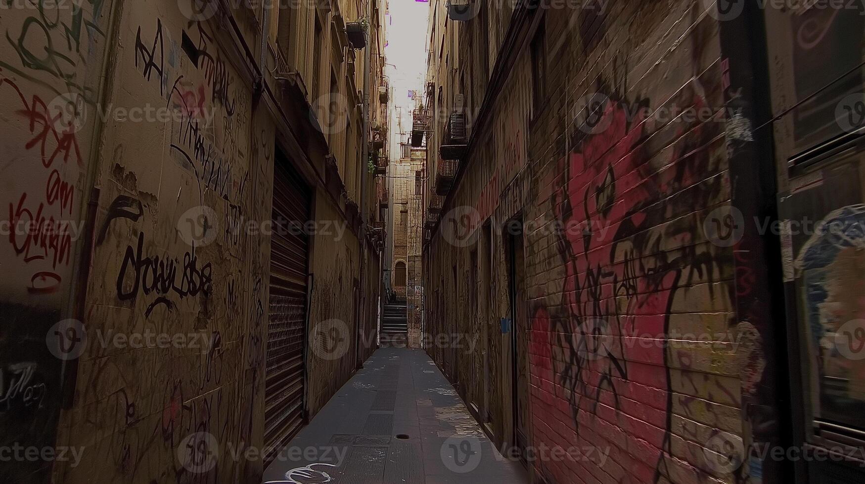 Graffiti-covered alleyway between buildings. photo