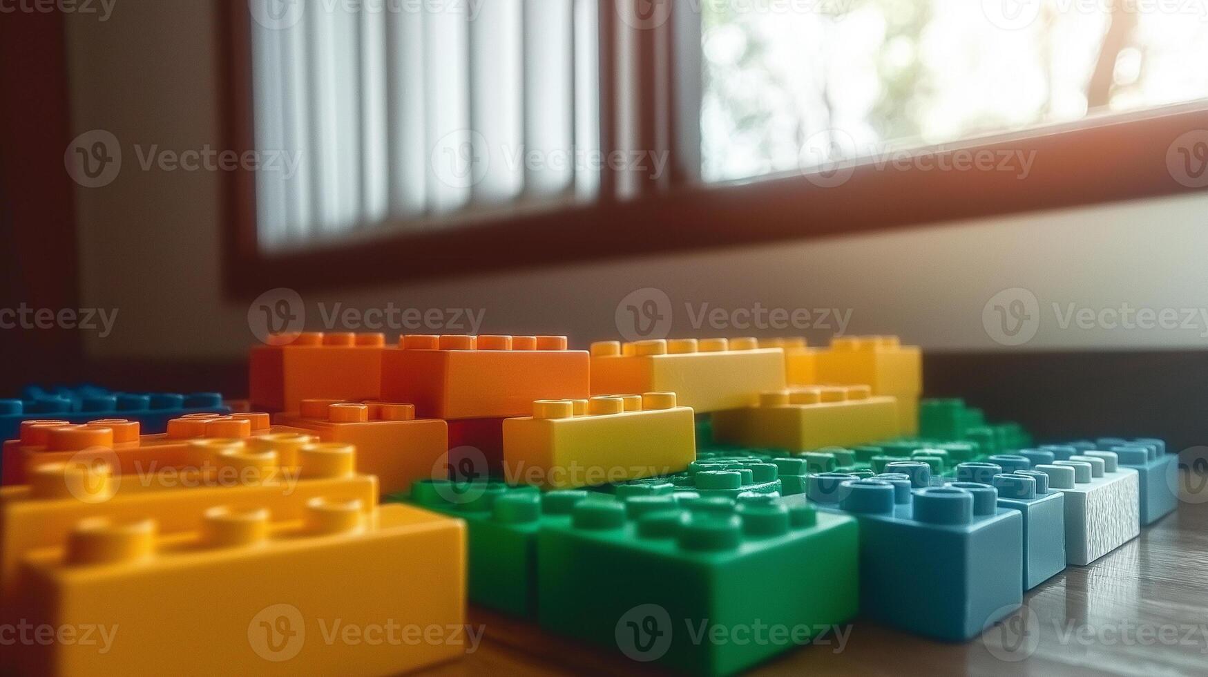 A pile of legos on a table in front of a window photo