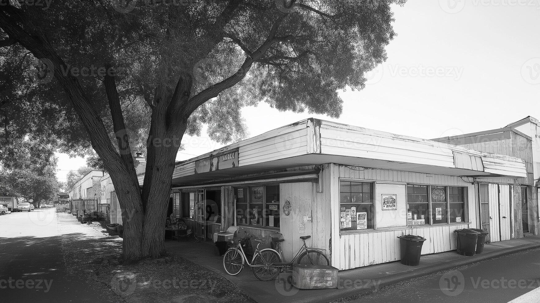 Vintage store front under a large tree photo
