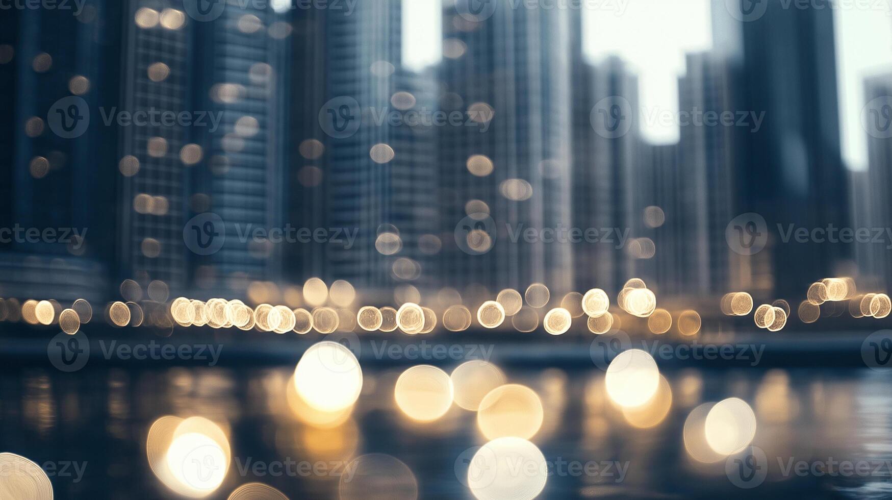 City lights reflected on water at dusk photo