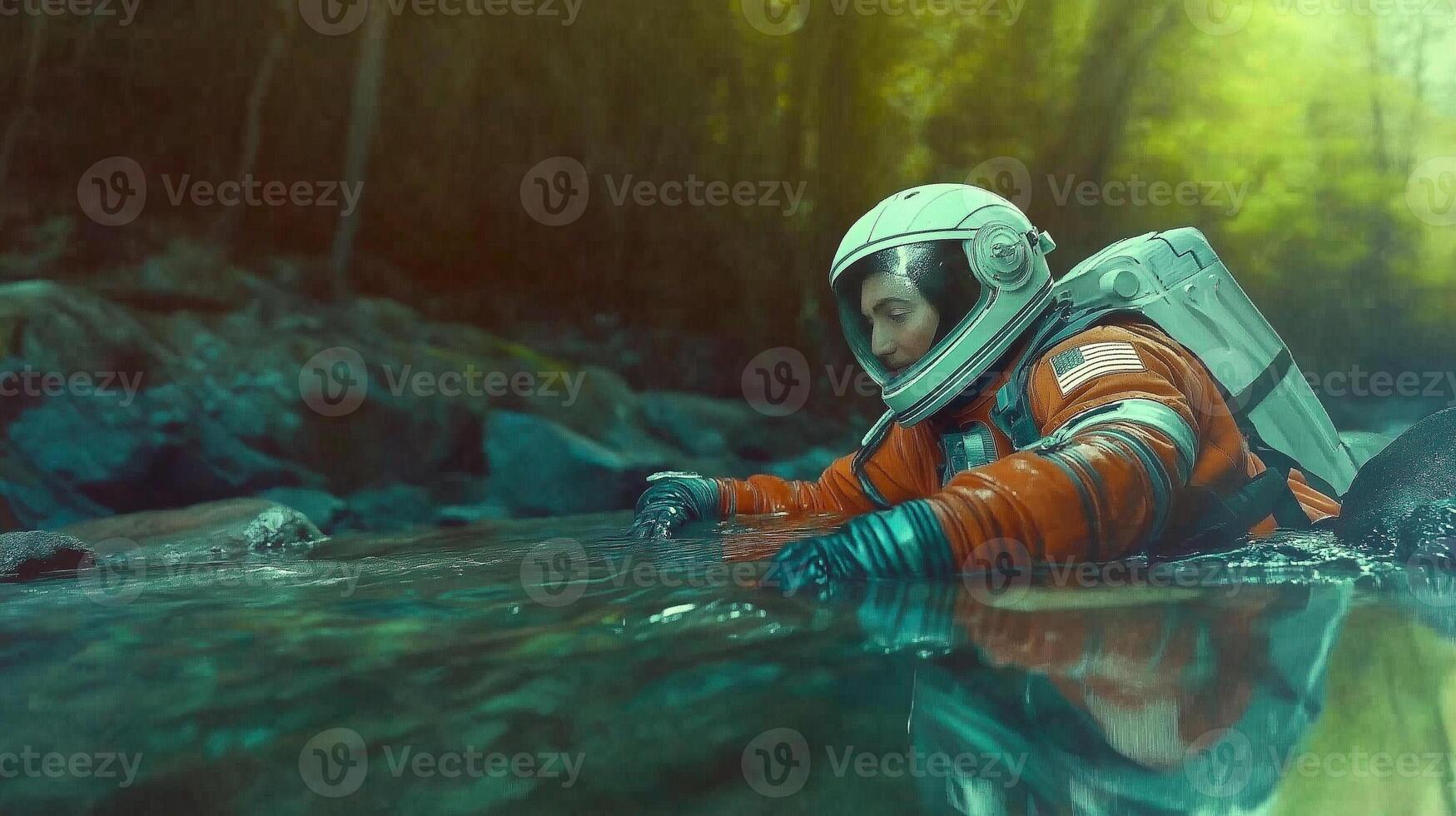 A man in an orange space suit is floating in the water photo