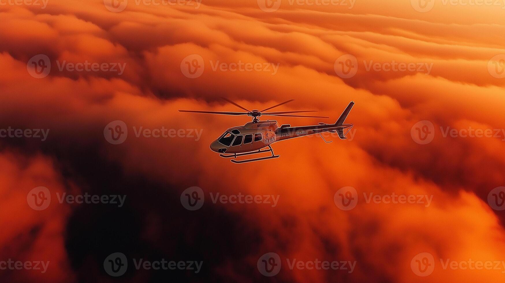 Helicopter flying over the clouds at sunset photo