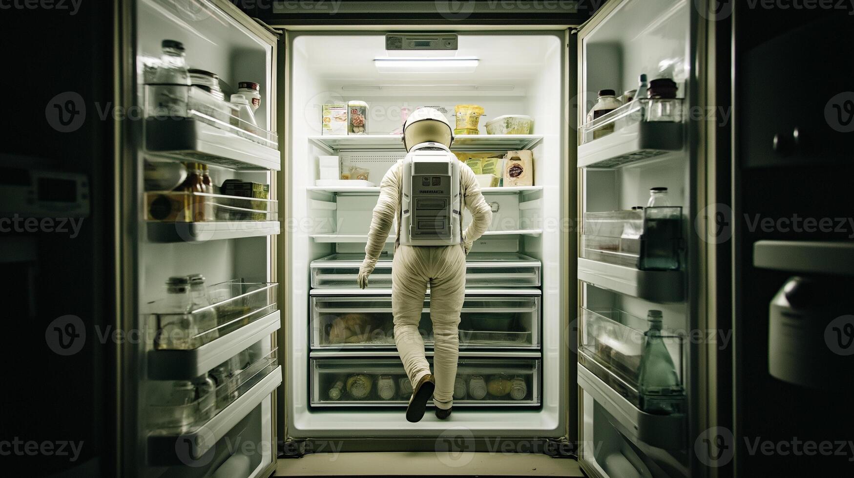 A man in a white suit standing in the open refrigerator photo