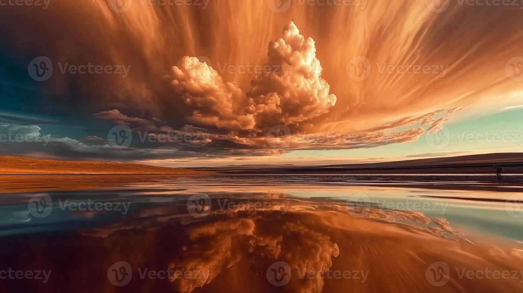 A beautiful sunset over a lake with clouds reflected in it photo