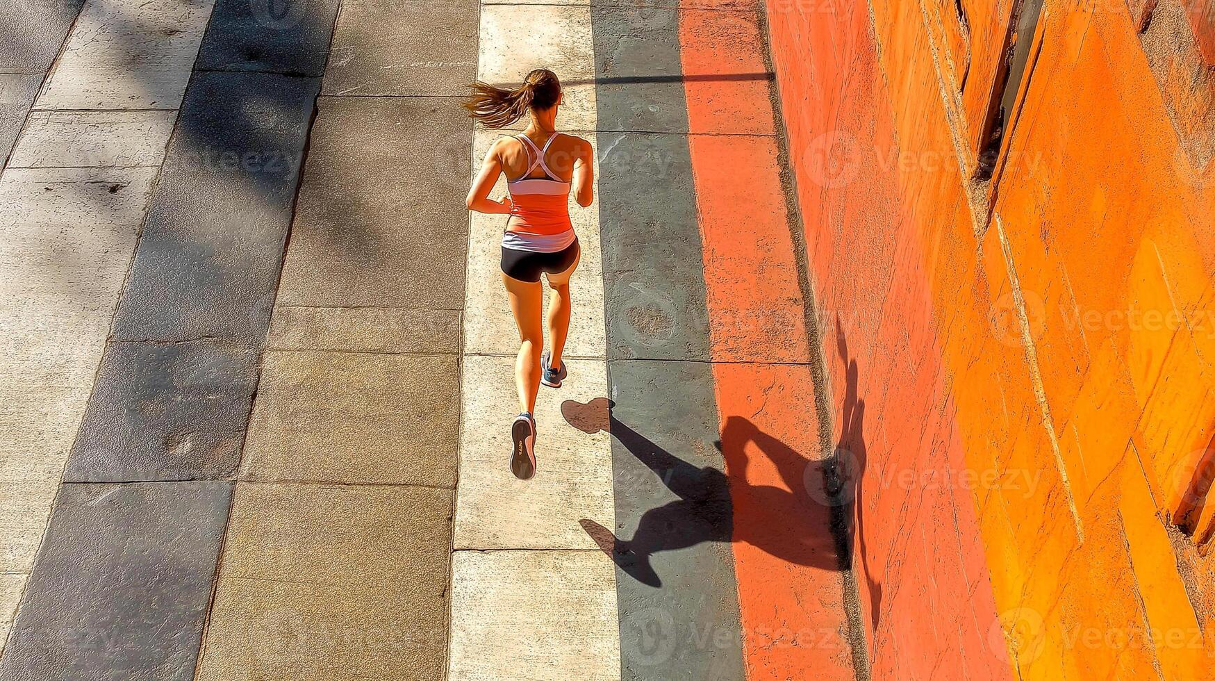 A woman running on the street in front of a building photo