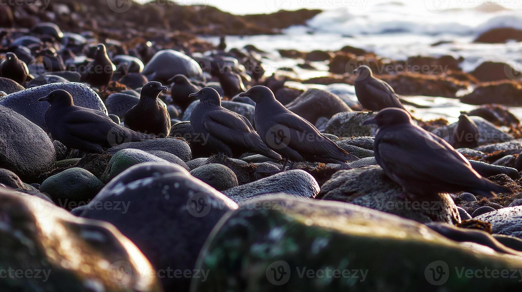 A flock of birds sitting on a rocky beach photo