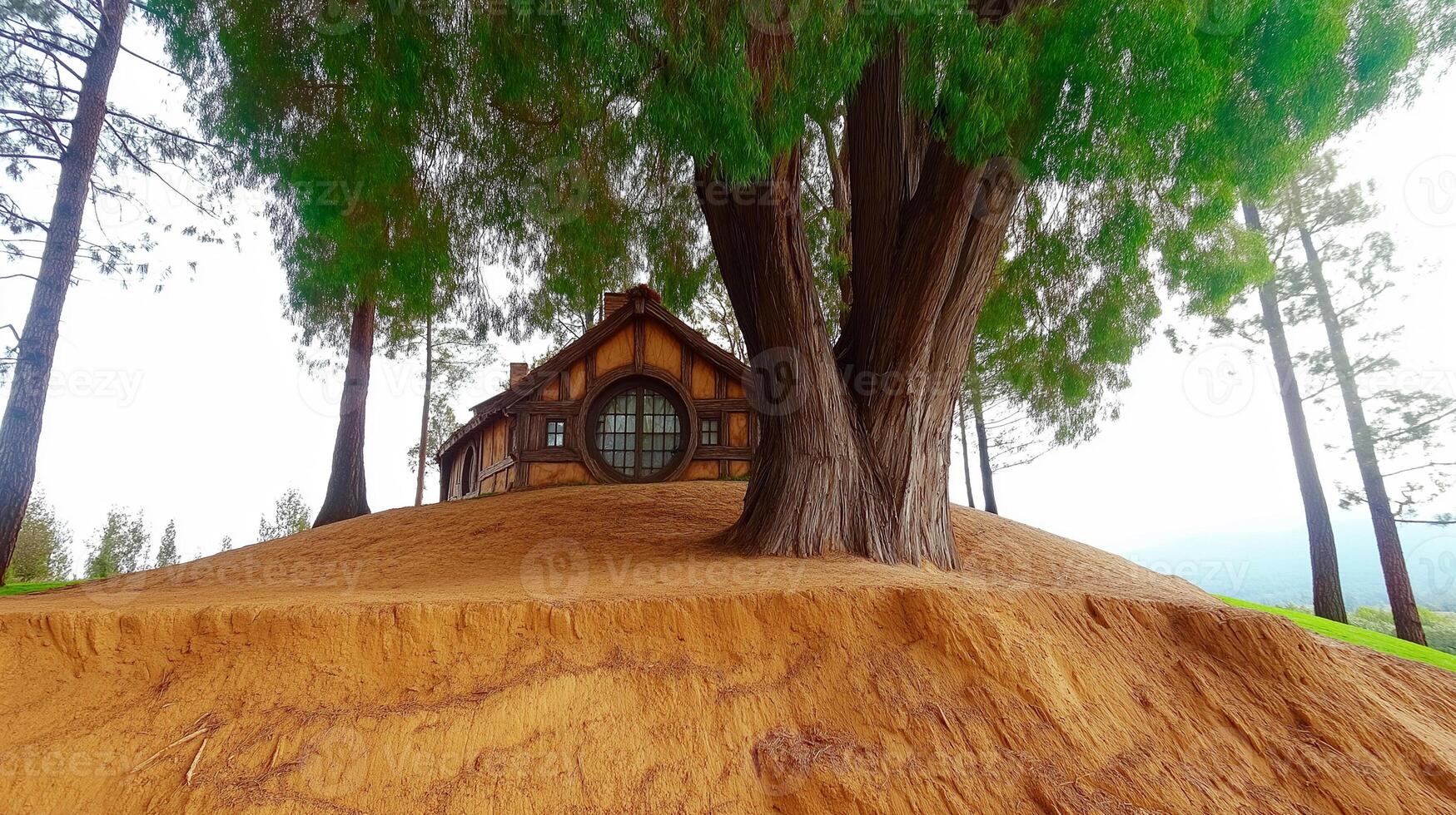 A house sitting on top of a hill in the middle of a forest photo