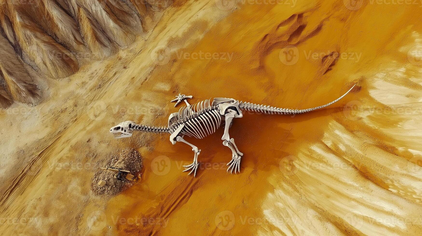 A skeleton of a dinosaur in the desert photo