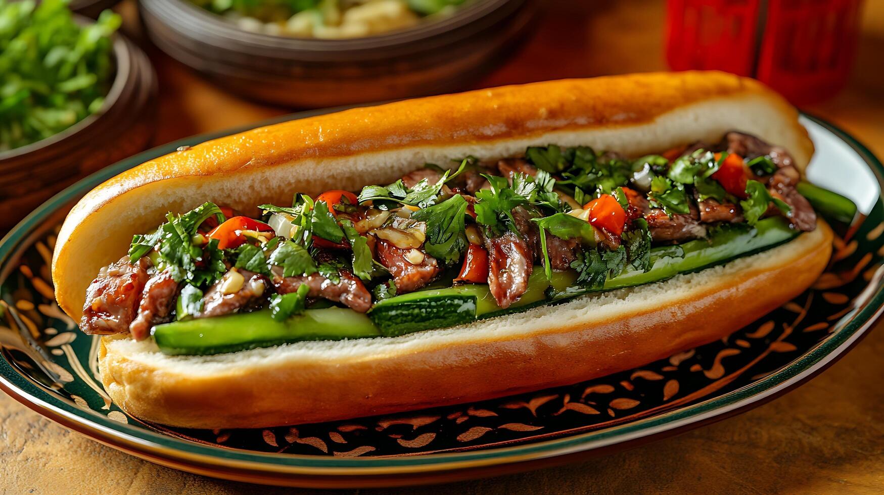 Appetizing halal sandwich featuring green vegetables and juicy meat photo