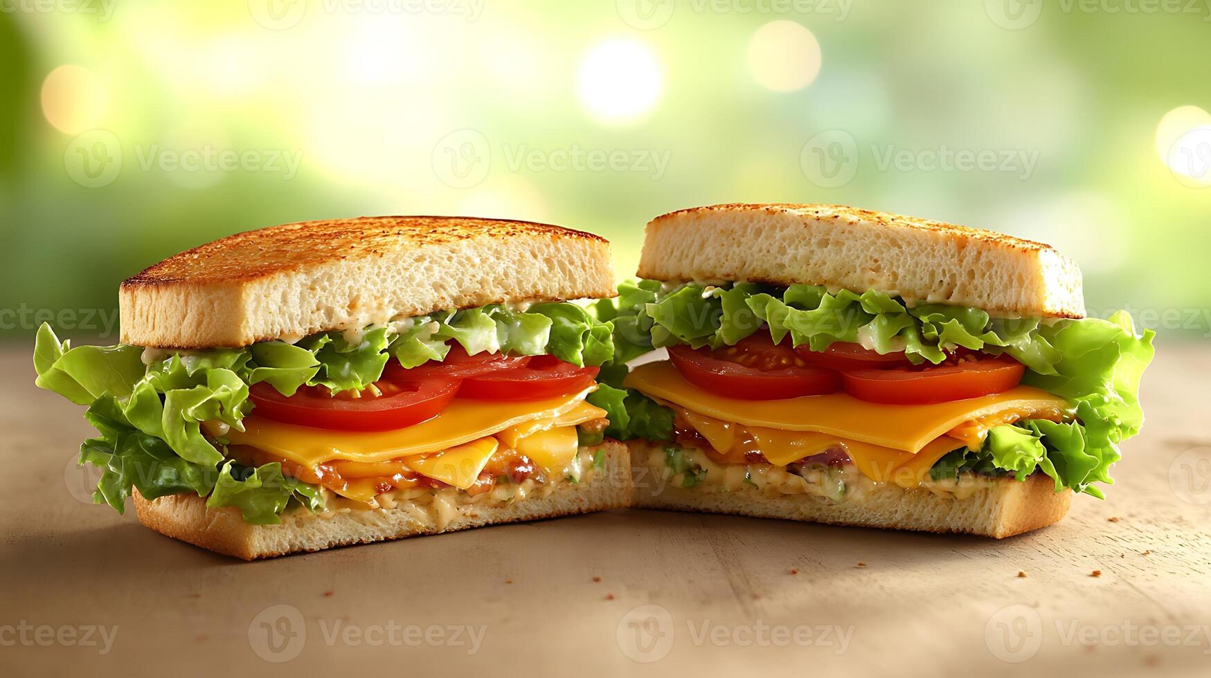 Rustic Sandwich Layers Featuring Fresh Vegetables and Soft Bokeh Lights photo