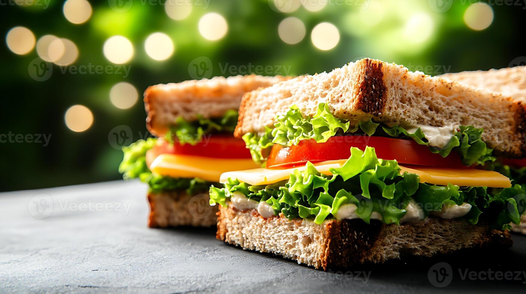 Crisp Lettuce and Tomato Sandwich Layers Resting on Rustic Table photo