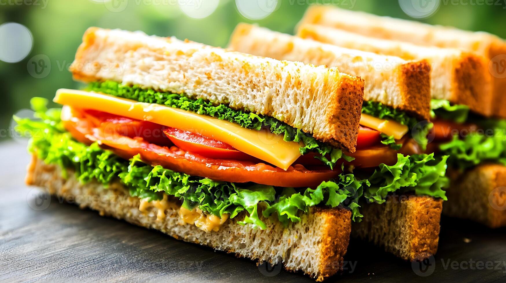 Close-Up of Perfectly Layered Sandwich Slices With Bokeh Effects photo
