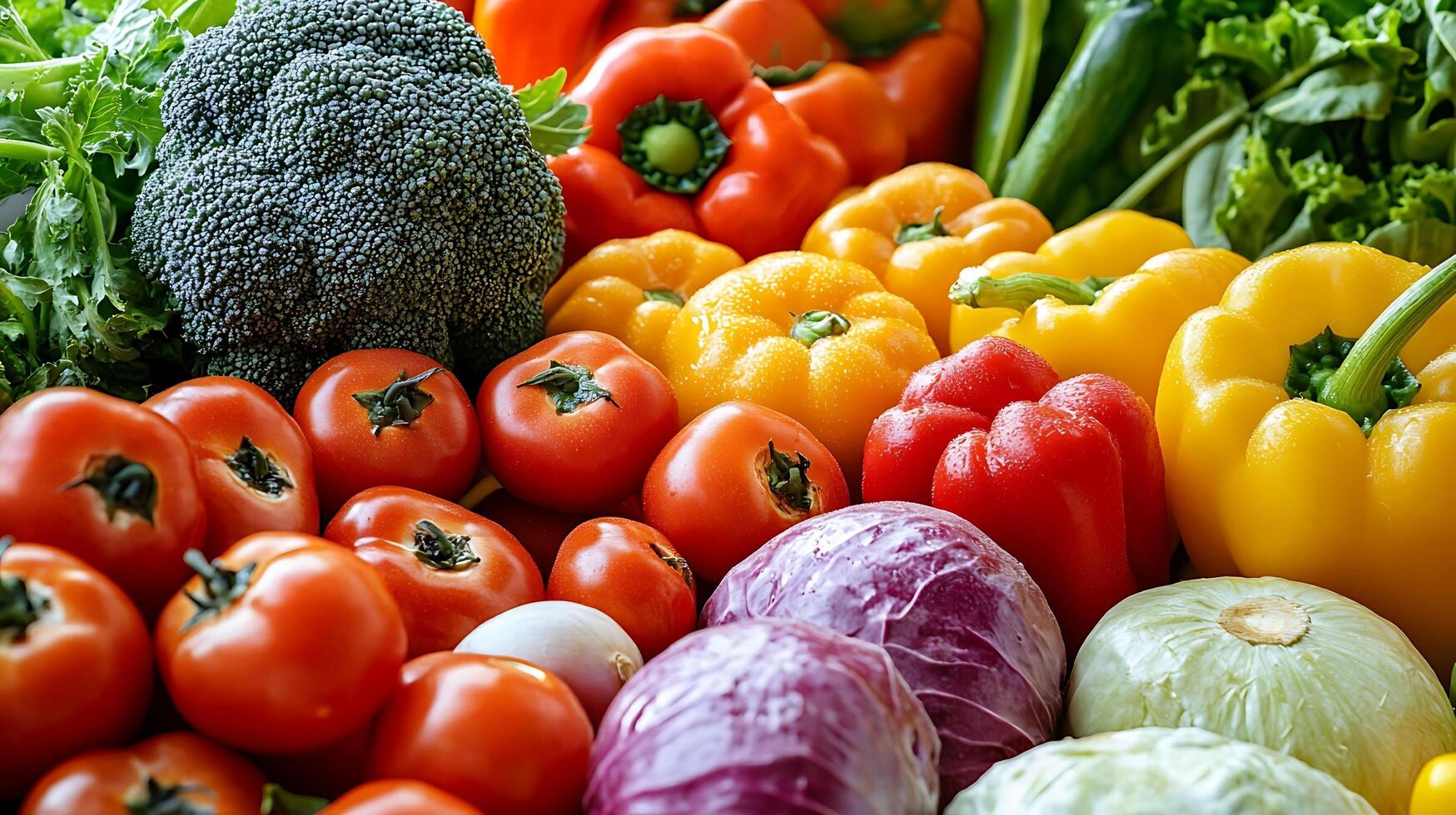 An array of fresh, colorful vegetables captured in vivid close-up detail photo