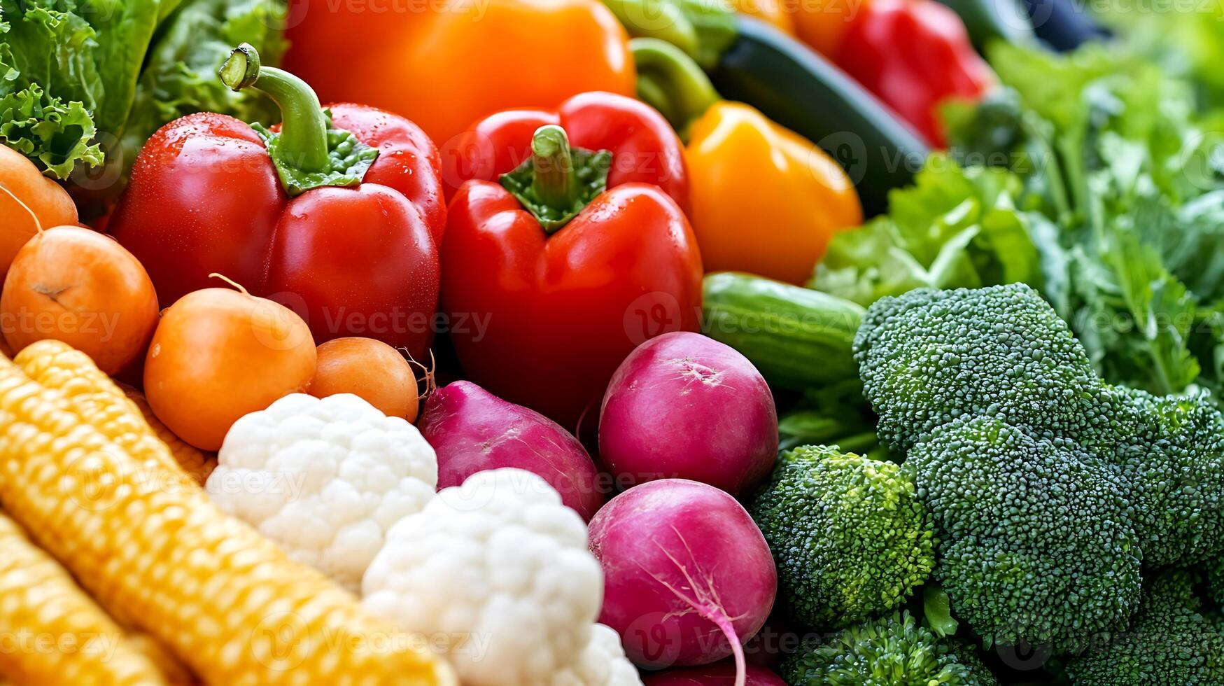A close-up of fresh vegetables in full color, bursting with freshness photo