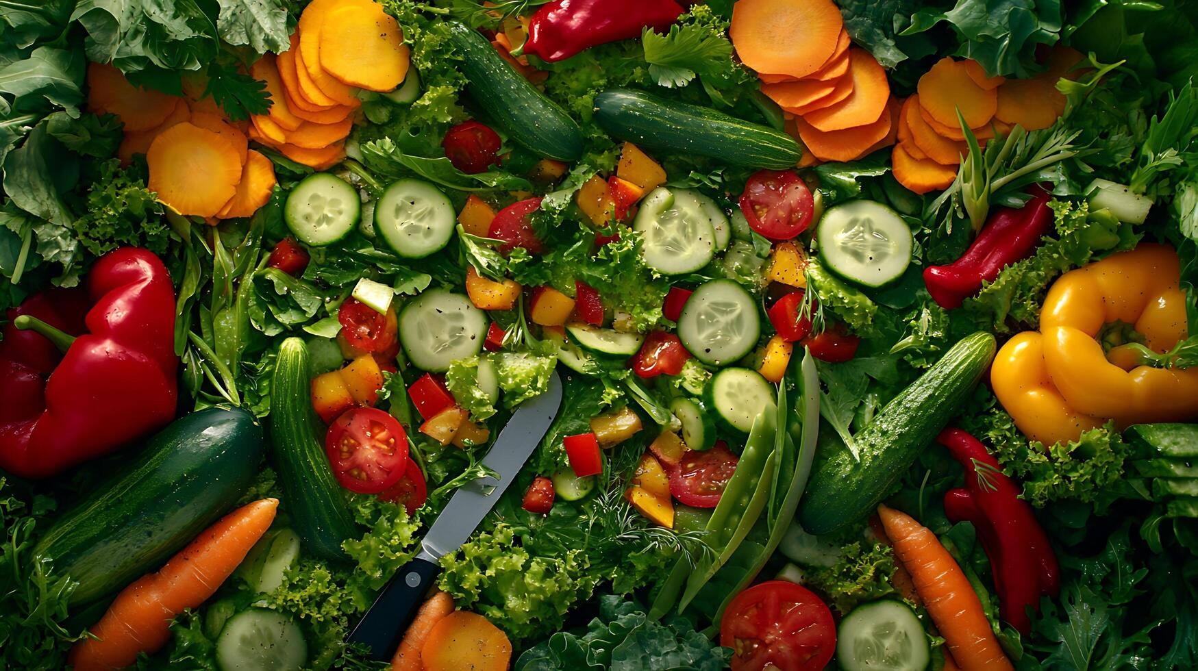 Fresh and vibrant salad with vegetables, greens, and a splash of olive oil photo