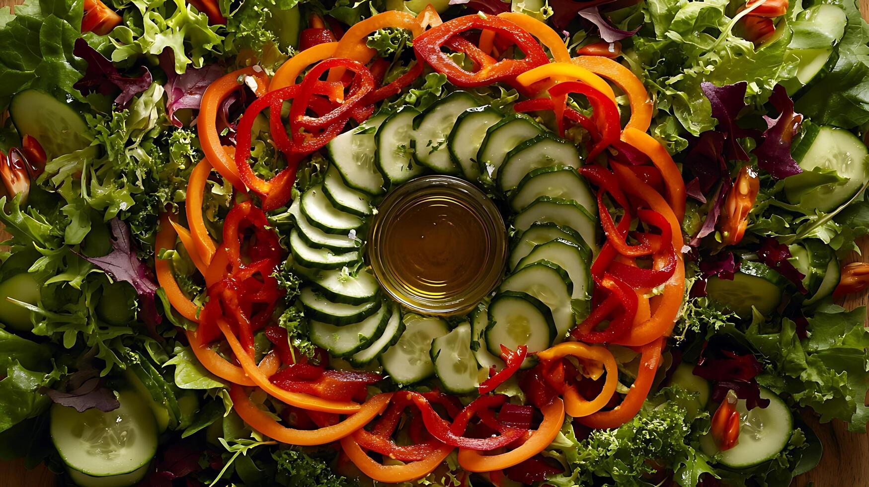 Vibrant vegetable salad with a mix of fresh greens, carrots, and olive oil photo