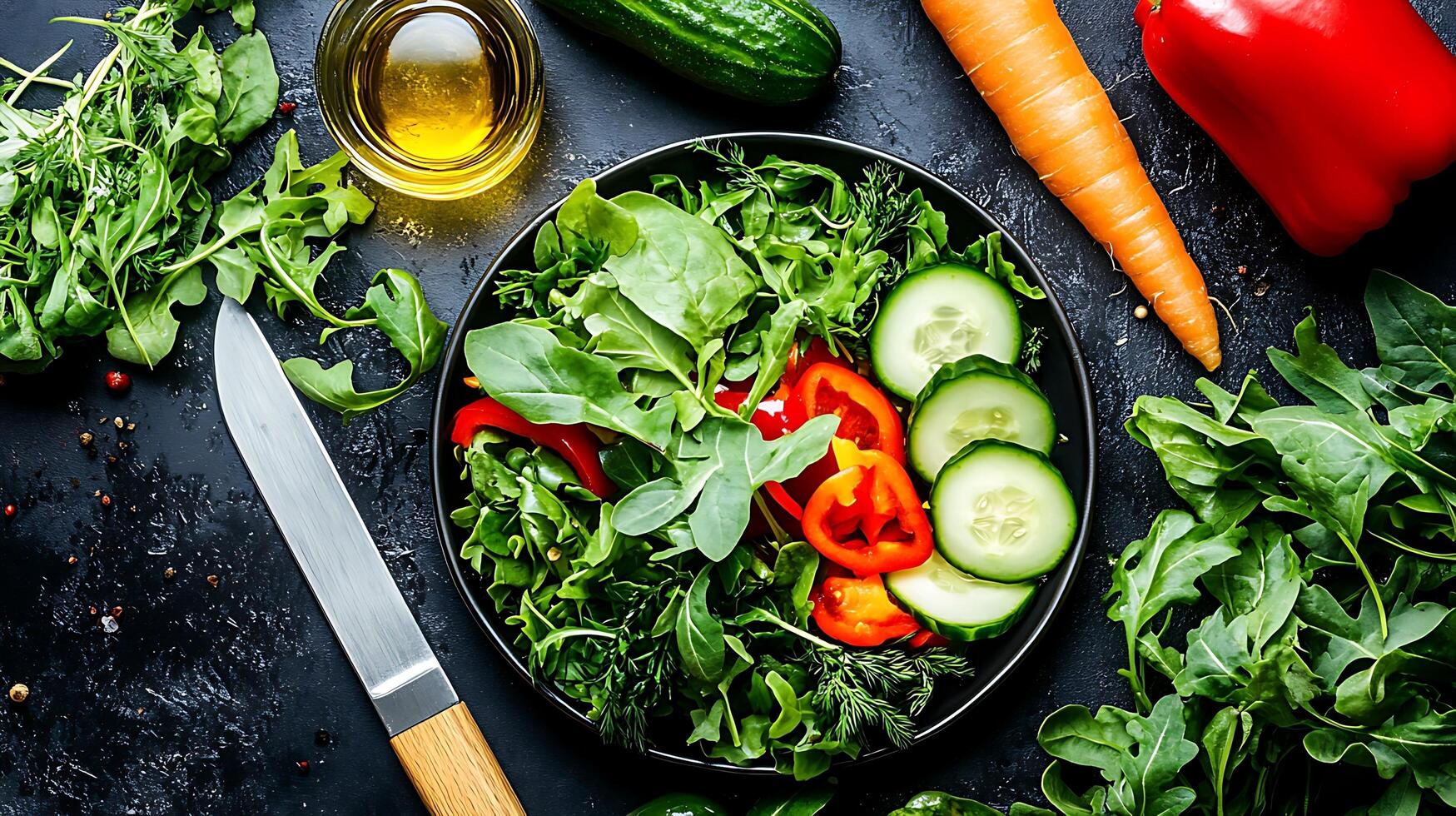 Colorful and crisp vegetable salad with greens and a splash of olive oil photo
