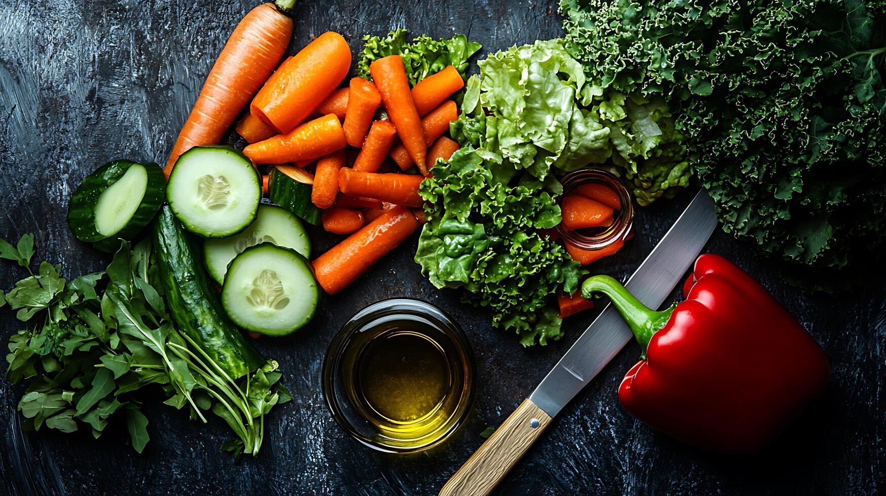 A refreshing vegetable salad featuring fresh greens, carrots, and olive oil dressing photo