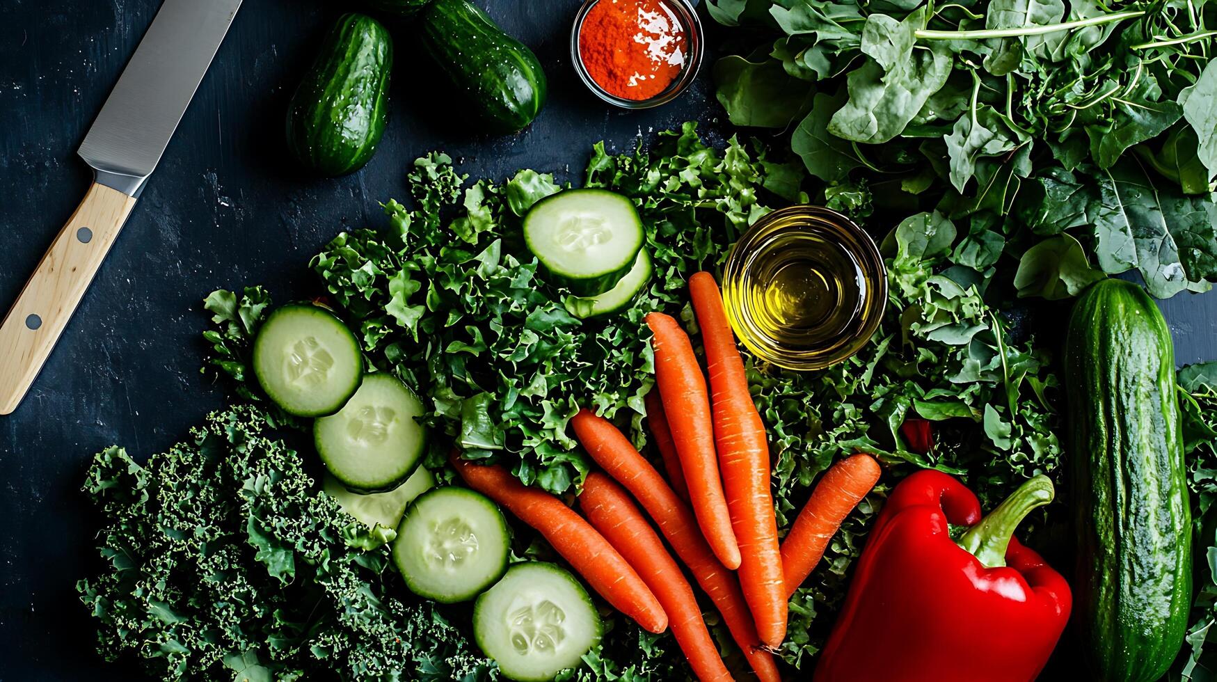 A refreshing salad with fresh greens, carrots, cucumbers, and olive oil dressing photo