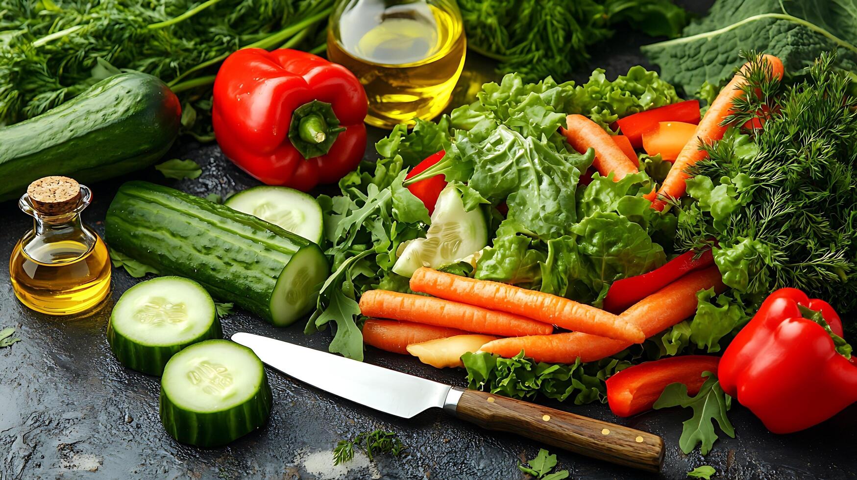 Fresh and colorful salad with assorted veggies, greens, and olive oil dressing. photo