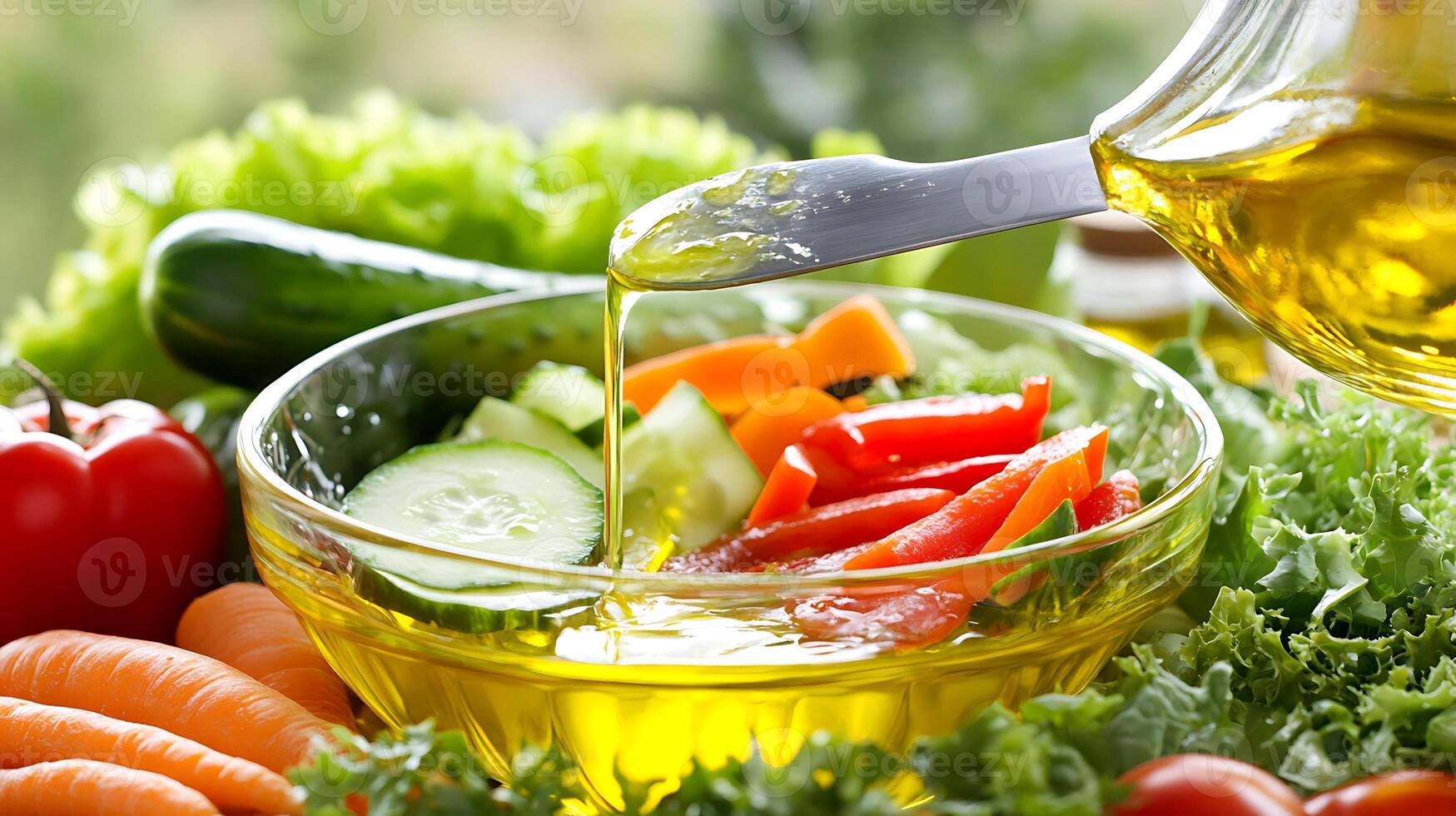 A fresh vegetable salad surrounded by leafy greens, cucumbers, and olive oil photo