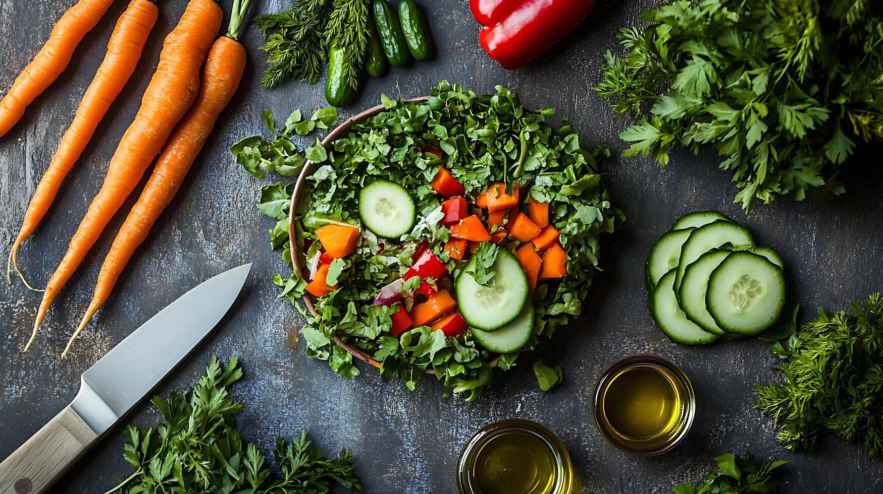 Fresh salad with carrots, cucumbers, red bell pepper, and a dash of olive oil photo